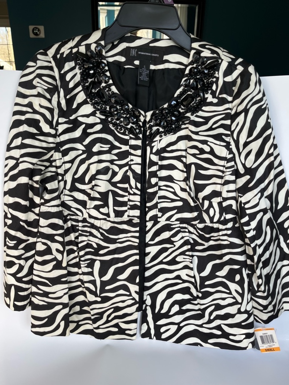 INC International Concepts Black & White Zebra Print Beaded Collar Blazer